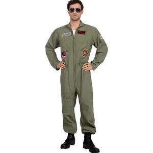 LEG AVENUE Top Gun olive green flight suit costume with patches Tom Cruise‎ L/XL